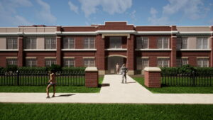 A street view rendering of a two-story brick building.